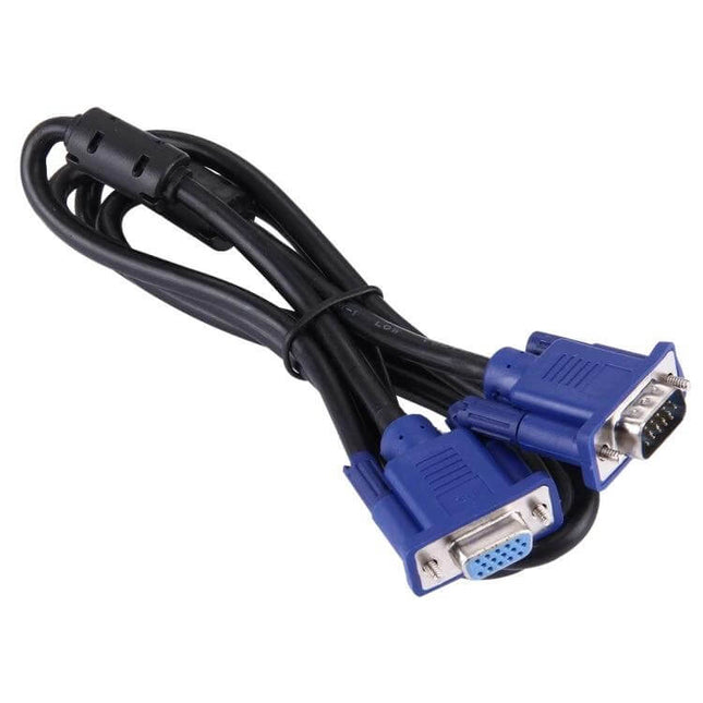 1.5 Meter VGA Extension Cable for Monitors and Projectors - black cable with blue HD15 male to female connectors for extending PC to monitor or projector