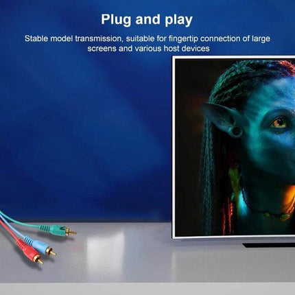 1.5 Meter VGA to 3RCA RGB Cable for PC to TV Connection showing red green blue RCA plugs and TV display