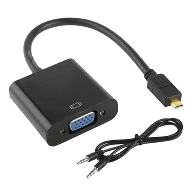 Micro HDMI to VGA Adapter Cable with Audio Support, 22cm Length - black adapter with Micro HDMI to VGA connector and 3.5mm audio cable