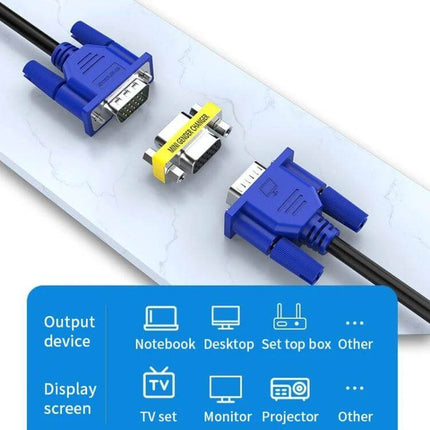 Standard VGA Female to Female Adapter for Video Devices and Monitors shown connecting two blue VGA cables with inline coupler