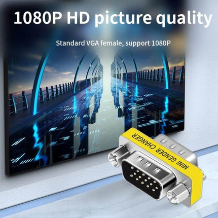 VGA 15-Pin Male to Male Adapter for Video Device Connections shown next to monitor displaying 1080P HD picture quality