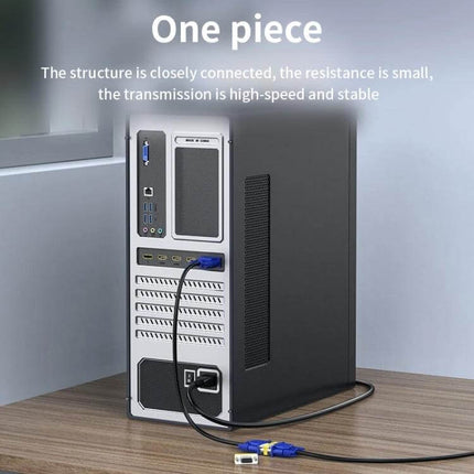 VGA 15-Pin Male to Male Adapter for Video Device Connections connected between PC and monitor for presentations and home office