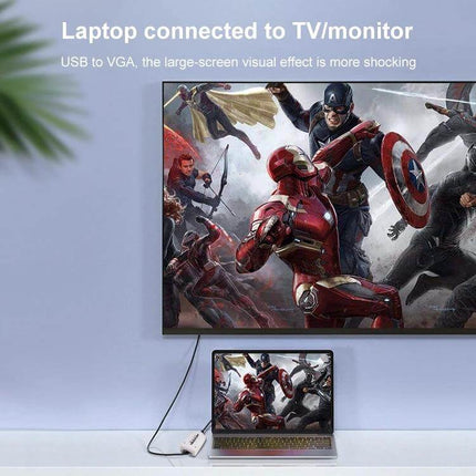 External USB to VGA Adapter for Adding a Second Monitor showing laptop mirrored to large TV screen