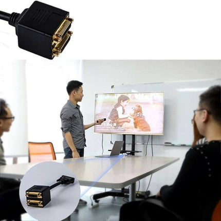 30cm DVI Cable Adapter: Male to Dual Female for Video Connections connecting laptop DVI output to two displays for presentations and mirrored screens