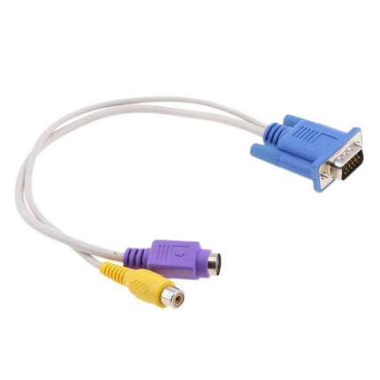VGA to S-Video and RCA Adapter Cable for PC to TV Connection - blue VGA to S-Video (purple) and RCA (yellow) cable for displaying PC on TV