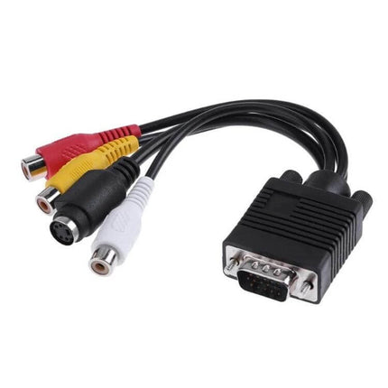 VGA to S-Video and RCA Cable Adapter for PC to TV Connection showing VGA plug with S-Video and red yellow white RCA connectors on cable