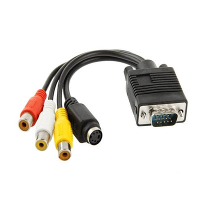 VGA to S-Video and RCA Cable Adapter for PC to TV Connection showing VGA plug with S-Video and red white yellow RCA connectors