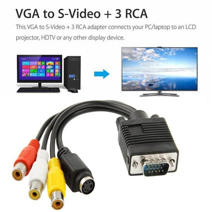 VGA to S-Video and RCA Cable Adapter for PC to TV Connection showing VGA plug with S-Video and red white yellow RCA leads connecting PC to TV
