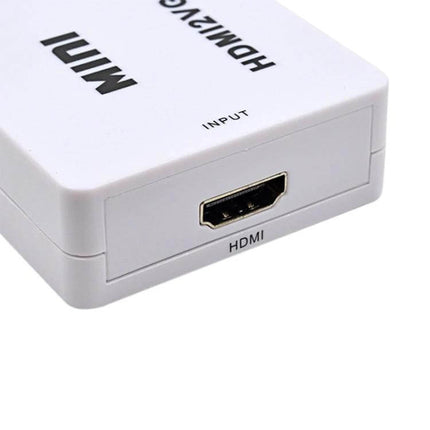 Portable Mini HDMI to VGA Audio Converter for Home Use white compact adapter showing HDMI input port, plug-and-play retro gaming and presentation solution