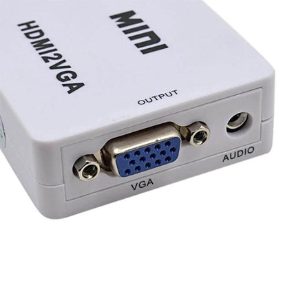 Portable Mini HDMI to VGA Audio Converter for Home Use - close-up of white mini HDMI2VGA adapter showing VGA and audio output ports for retro gaming and presentations