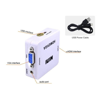 Portable Mini HDMI to VGA Audio Converter for Home Use showing VGA, HDMI, audio ports and USB power cable