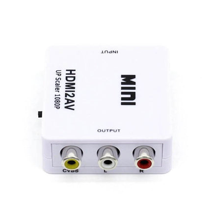 Mini HDMI to CVBS Video and Audio Signal Converter compact white HDMI2AV box with yellow CVBS and red/white audio RCA outputs