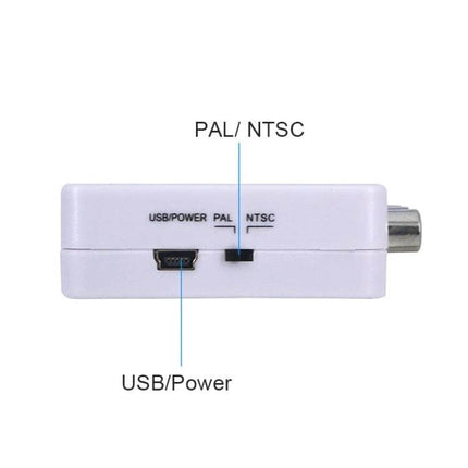 Mini HDMI to CVBS Video and Audio Signal Converter showing USB power port, PAL/NTSC switch and composite output
