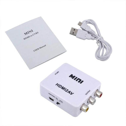 Mini HDMI to CVBS Video and Audio Signal Converter white HDMI2AV box with USB power cable and user manual