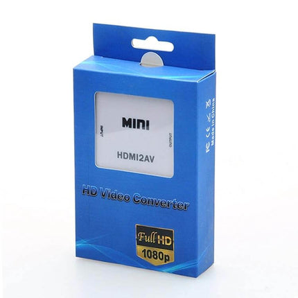 Mini HDMI to CVBS Video and Audio Signal Converter in blue retail packaging showing HDMI2AV mini HD video converter