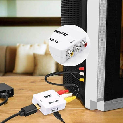 Mini HDMI to CVBS Video and Audio Signal Converter connected to TV, HDMI input and composite (RCA) yellow/red/white outputs