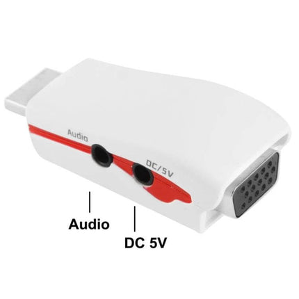 HDMI to VGA Adapter for Connecting Devices to VGA Monitors - white adapter with audio and DC 5V ports