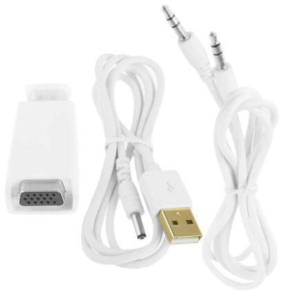 HDMI to VGA Adapter for Connecting Devices to VGA Monitors - white adapter with USB power and 3.5mm audio cables for presentations and older displays