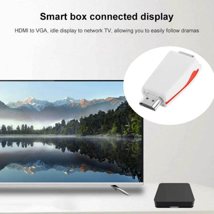 HDMI to VGA Adapter for Connecting Devices to VGA Monitors - white HDMI-to-VGA converter showing TV, monitor, and set-top box, ideal for presentations and older displays