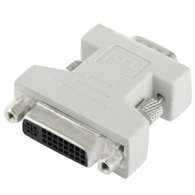 DVI-I to VGA Converter Adapter for Monitor Connections white DVI-I male to VGA female adapter showing pins and thumb screws