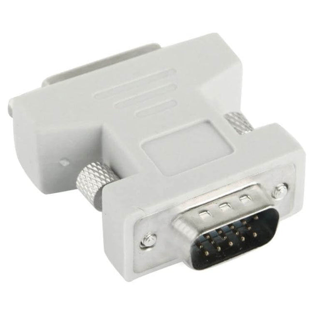 DVI-I to VGA Converter Adapter for Monitor Connections white adapter showing DVI-I plug and VGA port for legacy monitor hookup