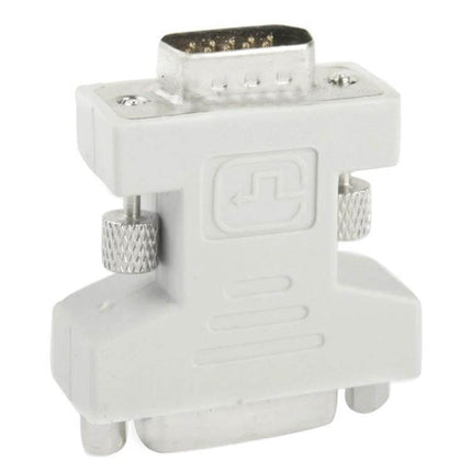 DVI-I to VGA Converter Adapter for Monitor Connections - white DVI-I to VGA adapter showing connector and screw locks