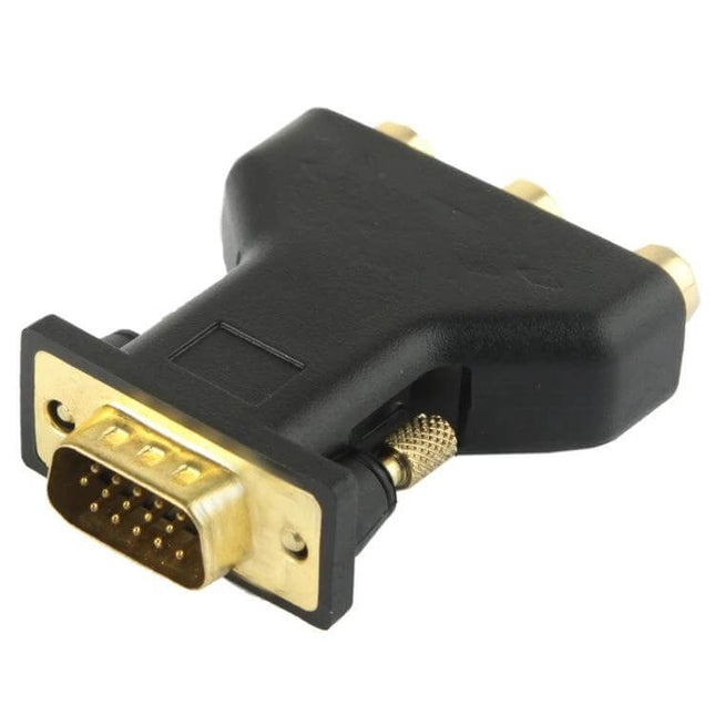 VGA 15-Pin Male to 3 RCA Female Adapter for Video Connections, black adapter with gold-plated VGA and three RCA ports