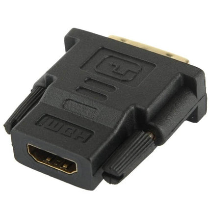 Adapter for Connecting DVI-D Devices to HDMI Monitors and TVs black DVI-D to HDMI adapter showing HDMI female and DVI-D male connectors