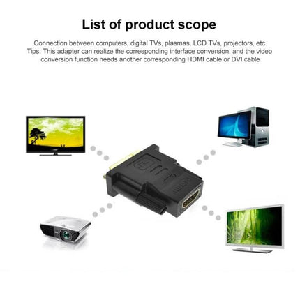 Adapter for Connecting DVI-D Devices to HDMI Monitors and TVs - black DVI-D to HDMI adapter shown with PC, TV and projector