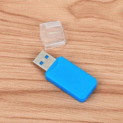 Portable Micro SD Card Reader Adapter for Easy Data Transfer, 20 Pack - blue USB micro SD reader with clear cap on wood surface