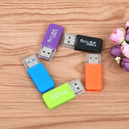 Portable Micro SD Card Reader Adapter for Easy Data Transfer, 20 Pack - colorful USB card readers on wood surface