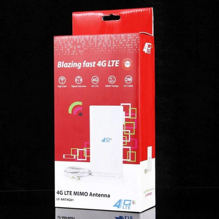 Indoor 4G LTE MIMO Antenna for Enhanced Signal Strength - white indoor 4G LTE MIMO antenna in red retail box with cable