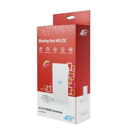 Indoor 4G LTE MIMO Antenna for Better Signal Reception - white indoor MIMO antenna in retail packaging, 4G LTE signal booster