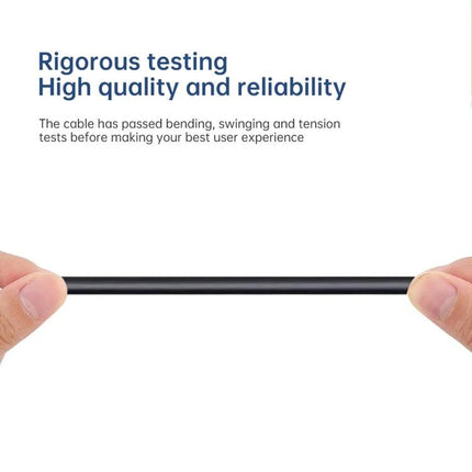 USB Cable for Charging Daily Devices on the Go showing hands stretching a tested USB Type A to DC 2.0mm cable (rigorous bending tests)