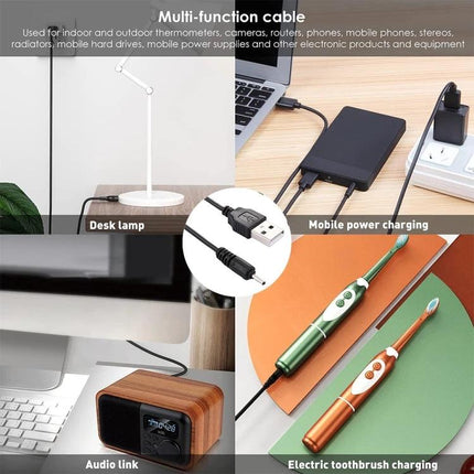 USB Cable for Charging Daily Devices on the Go — USB Type A to DC 2.0mm cable powering desk lamps, power banks, audio devices and electric toothbrushes
