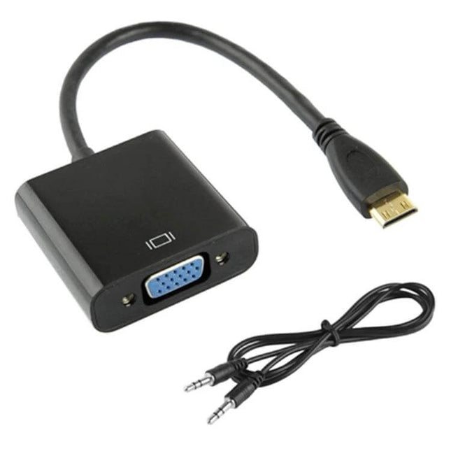 Mini HDMI to VGA Adapter Cable for Video Display Connections — black adapter with Mini HDMI plug, VGA port and audio cable
