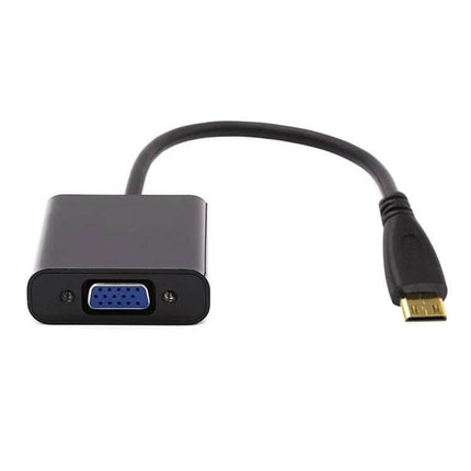 Mini HDMI to VGA Adapter Cable for Video Display Connections - compact black adapter with Mini HDMI plug and VGA female port for monitors and projectors