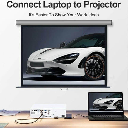Mini HDMI to VGA Adapter Cable for Video Display Connections - laptop to projector setup showing car image on screen