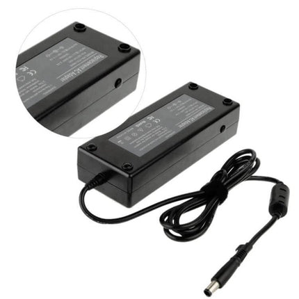 HP AC Power Adapter for Charging HP COMPAQ Notebooks shown black rectangular charger with cord and barrel connector for travel and home use