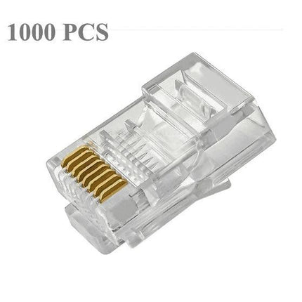 RJ45 Modular Plug Connectors for Network Cables, 1000 Pack clear 8-pin Ethernet connector close-up for cable terminations