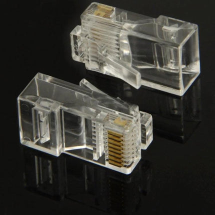 RJ45 Modular Plug Connectors for Network Cables, 1000 Pack - clear 8-pin modular RJ45 plugs shown on black background