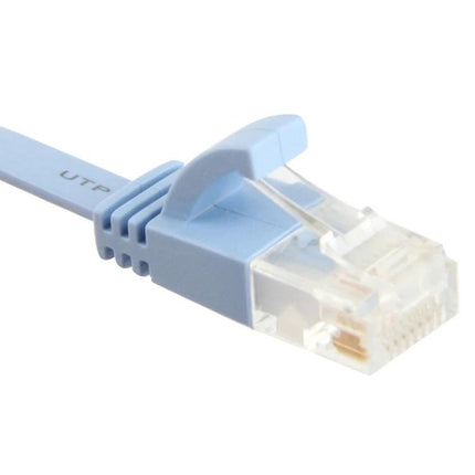 Flat CAT6 Ethernet Cable for Home Network Connections, 15 Meters in Baby Blue - close-up of baby blue flat RJ45 connector