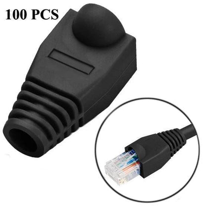 Snag-Free Boots for Ethernet Cables, Black 100-Pack - black snag-free RJ45 protector boots shown on Ethernet plug and close-up, 100pcs