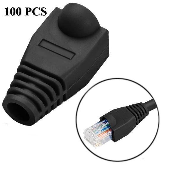 Snag-Free Boots for Ethernet Cables, Black 100-Pack - black snag-free RJ45 protector boots shown on Ethernet plug and close-up, 100pcs