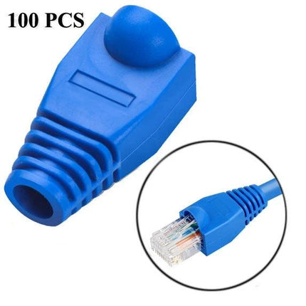 Snag-Free Boots for Ethernet Cables, Black 100-Pack - blue RJ45 cable protector showing boot and installed cover
