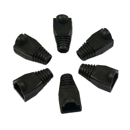 Snag-Free Boots for Ethernet Cables, Black 100-Pack - six black snag-free RJ45 cable boots arranged in a circle