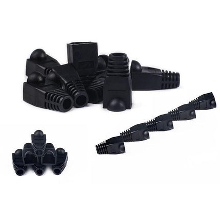 Snag-Free Boots for Ethernet Cables, Black 100-Pack - black rubber RJ45 connector protective boots shown in multiple views