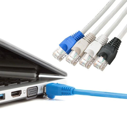 Snag-Free Boots for Ethernet Cables, Black 100-Pack protecting RJ45 connectors on office laptop and patch cables