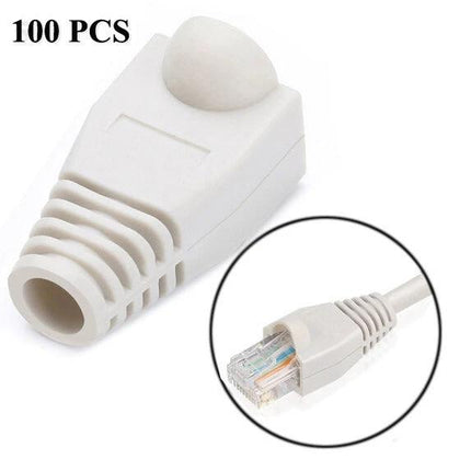 Snag-Free Boots for Ethernet Cables, Black 100-Pack - white snag-free RJ45 protective boot shown with Ethernet plug to prevent clip damage