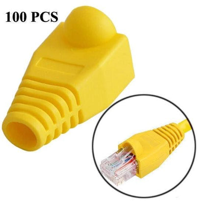 Snag-Free Boots for Ethernet Cables, Black 100-Pack - yellow RJ45 cable protector boot shown with cable tip, 100-piece set for snag prevention